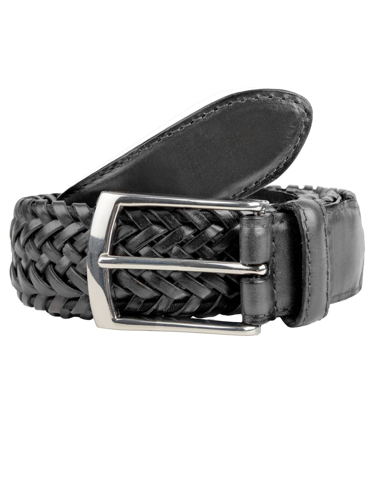 Dents men's black plaited woven leather belt with nickel buckle, coiled on white background