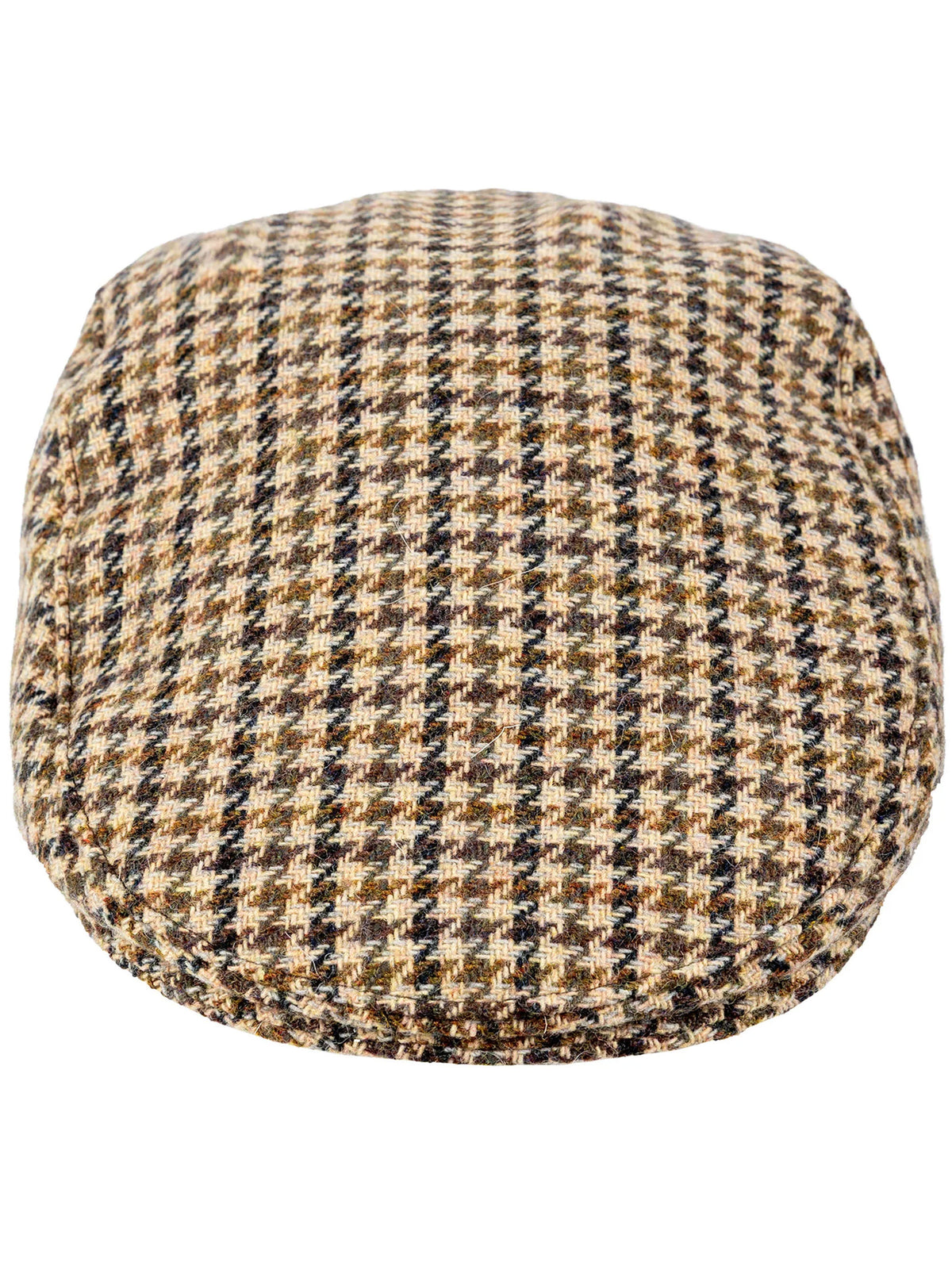 Dents Blashford men's brown dogtooth tweed flat cap, top view