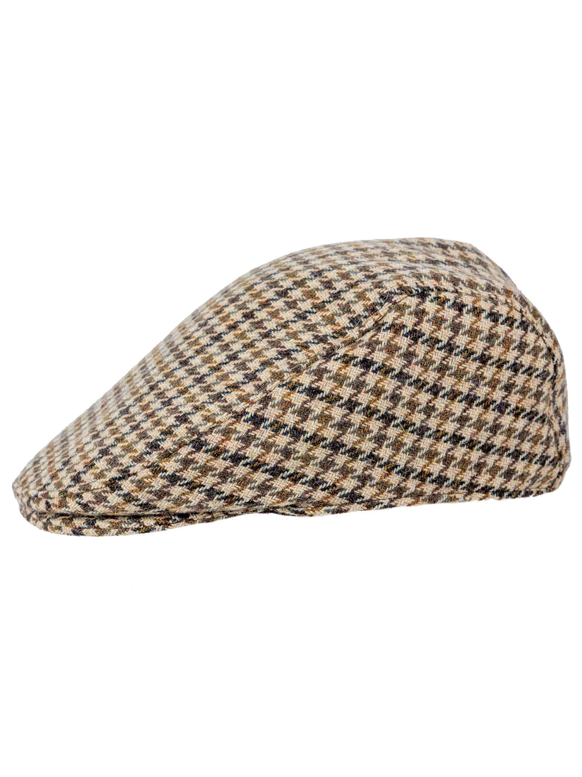 Dents Blashford men's brown dogtooth tweed flat cap, low side view