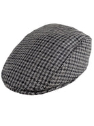 Dents Blashford men's charcoal dogtooth tweed flat cap, side view
