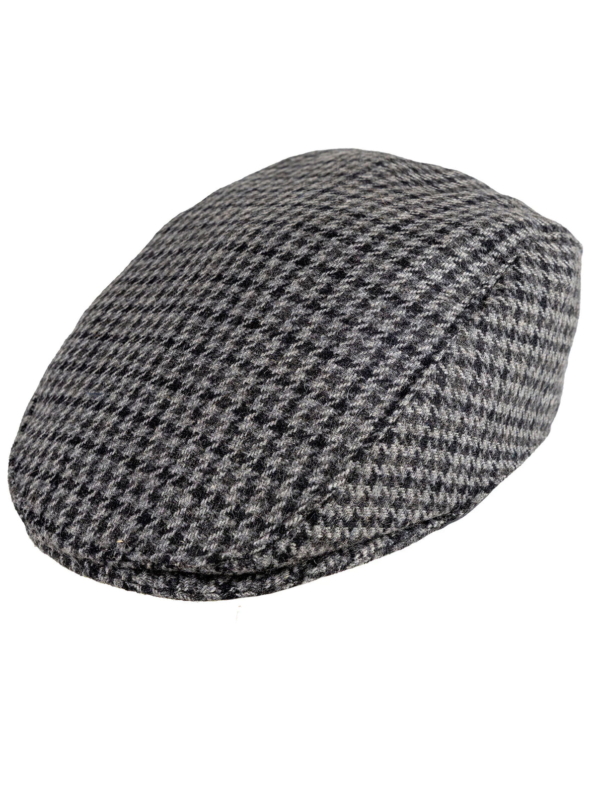 Dents Blashford men's charcoal dogtooth tweed flat cap, side view