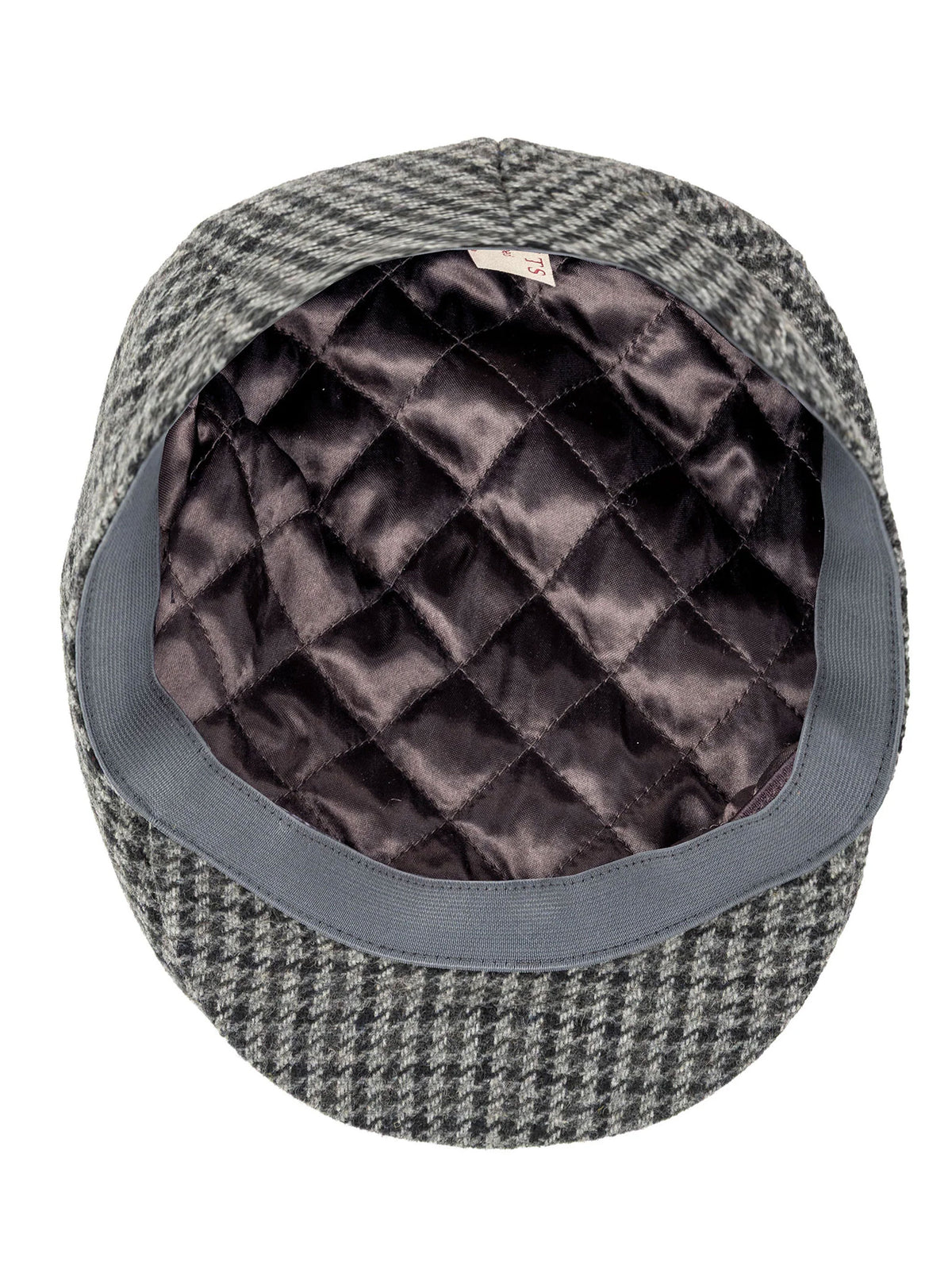 Dents Blashford men's charcoal dogtooth tweed flat cap, underside showing quilted satin lining