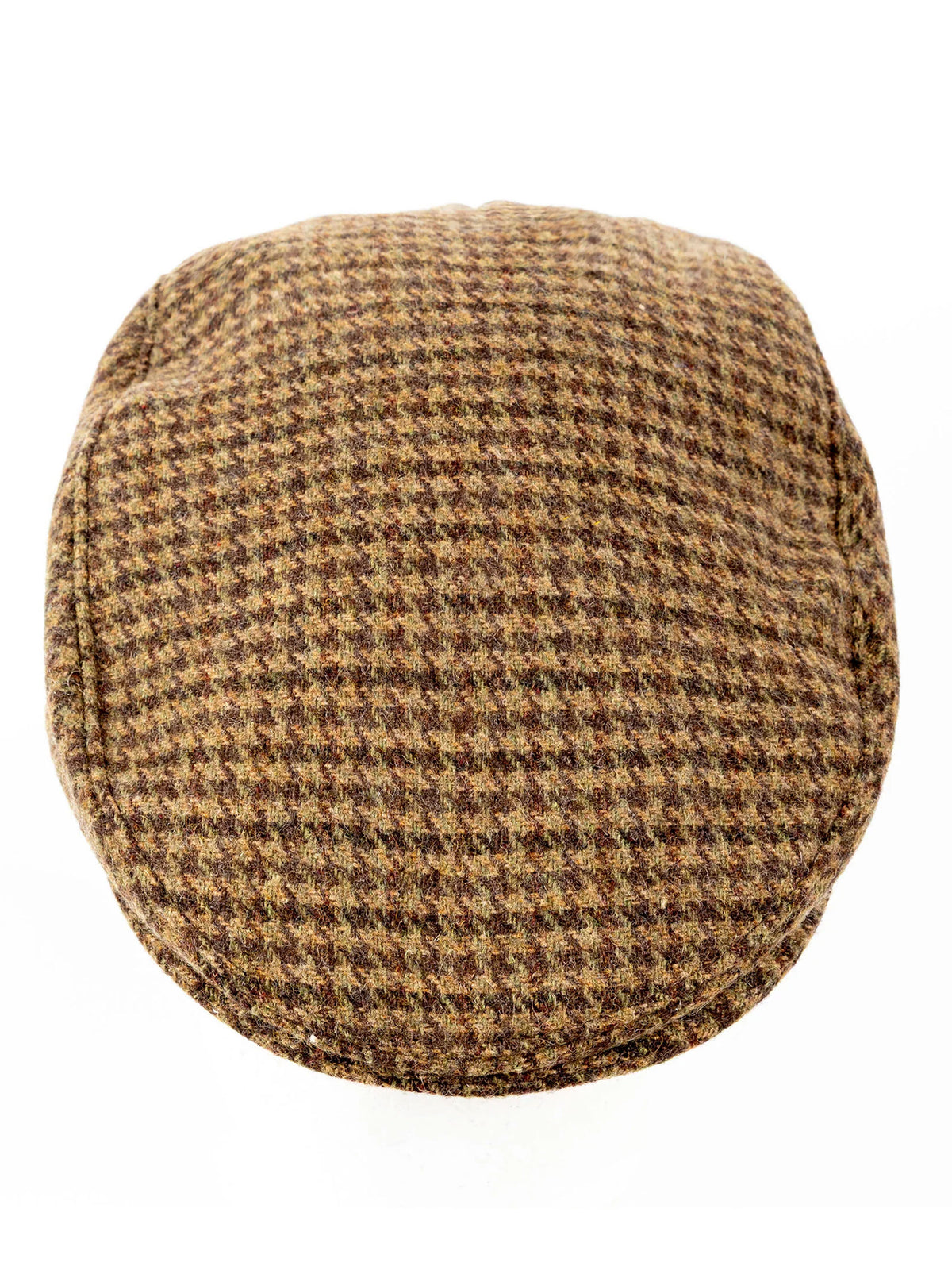 Dents Blashford men's chestnut dogtooth tweed flat cap, top view