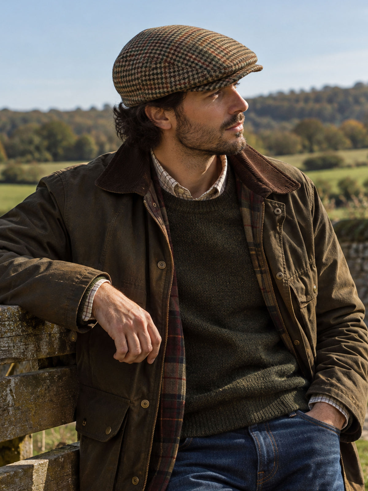 Dents Blashford men's chestnut dogtooth tweed flat cap, worn with waxed jacket and leaning on a fence