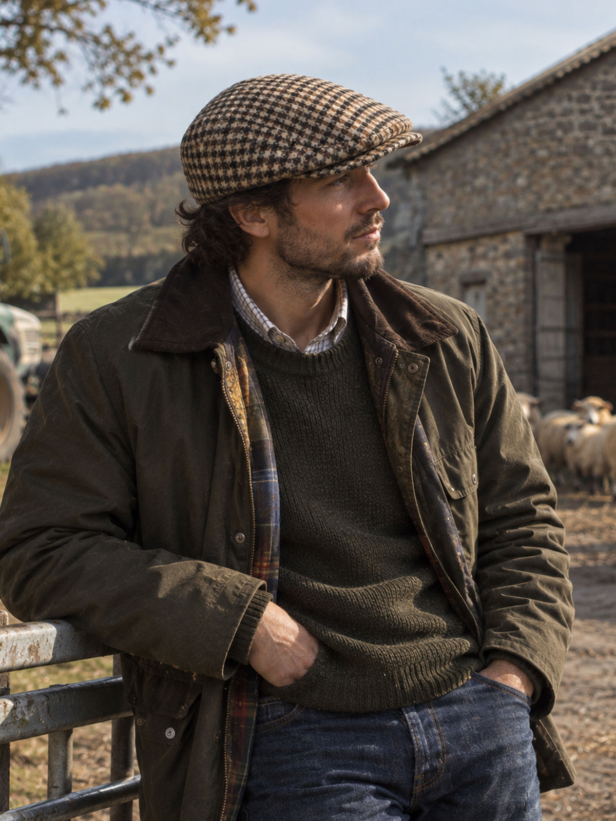 Dents Blashford men's brown dogtooth tweed flat cap, worn with waxed jacket outside a stone barn