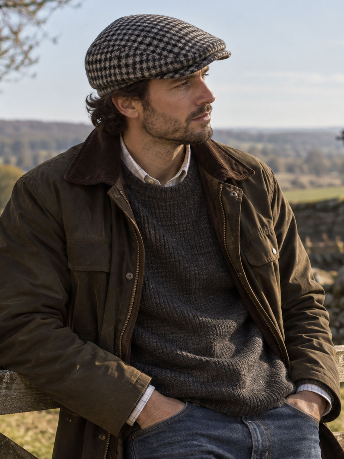 Dents Blashford men's charcoal dogtooth tweed flat cap, worn with olive waxed jacket in the countryside