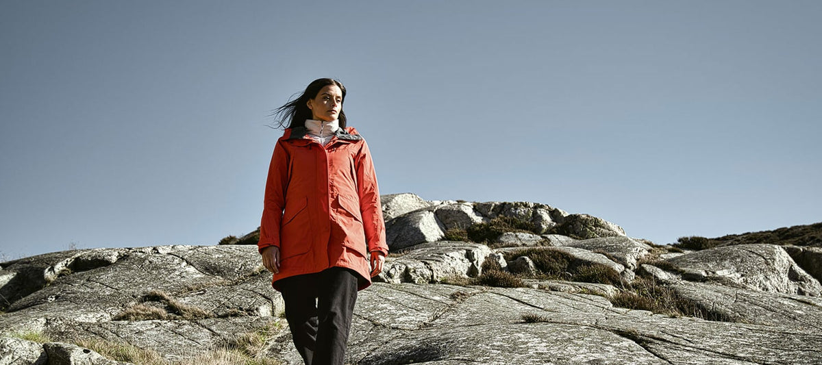 Woman wearing a Didriksons winter waterproof jacket on a walk