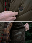 Harkila Heat heated waistcoat detail, zipped pocket and checked lining close-ups
