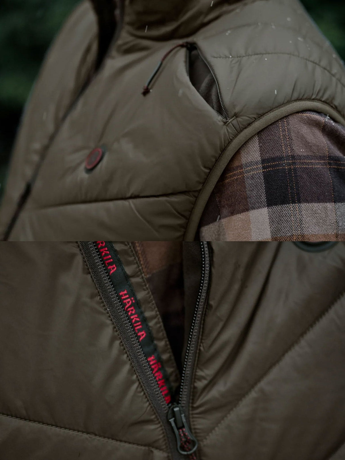 Harkila Heat men's heated waistcoat front close-up, full-zip and checked lining detail