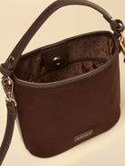 Joules women's chocolate faux suede bucket bag with removable cross body strap