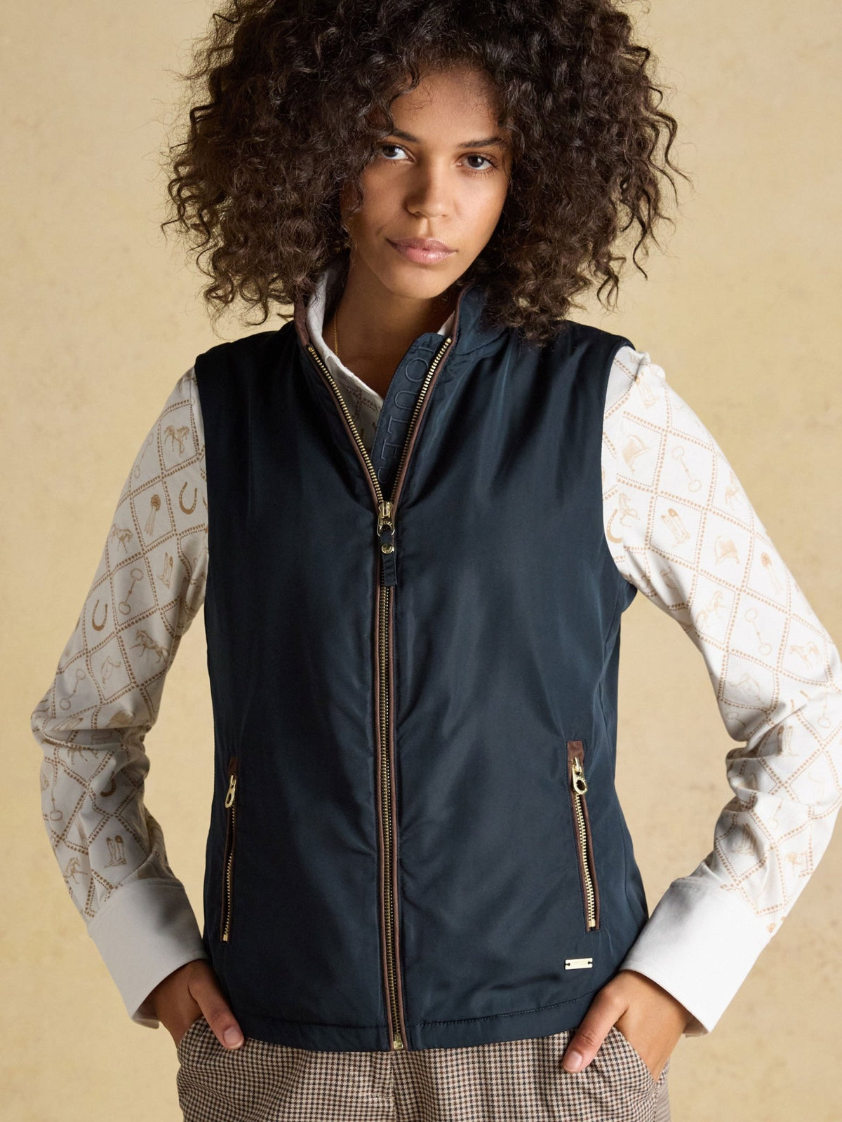 Joules women's navy zip front gilet with zip pockets, front view