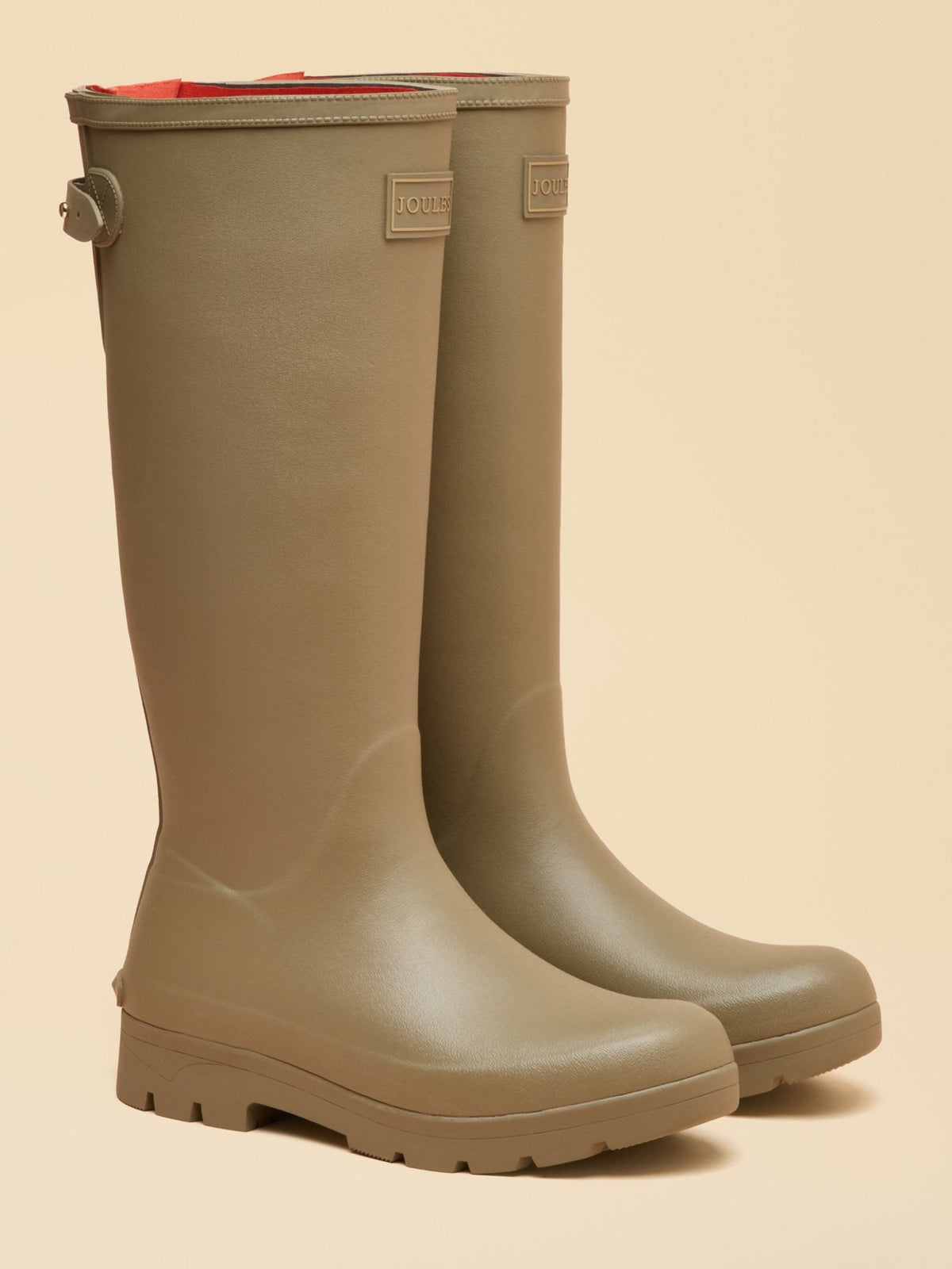 Pair of Joules Luxe womens neoprene lined tall wellies in khaki green, front and side view