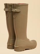 Joules Luxe khaki green tall wellington boots with adjustable calf gusset and buckle, rear and side view