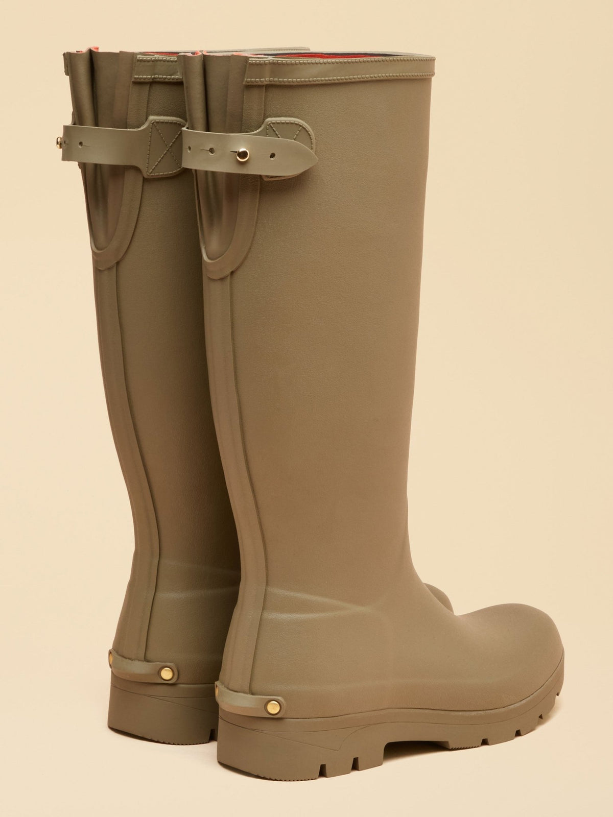 Joules Luxe khaki green tall wellington boots with adjustable calf gusset and buckle, rear and side view