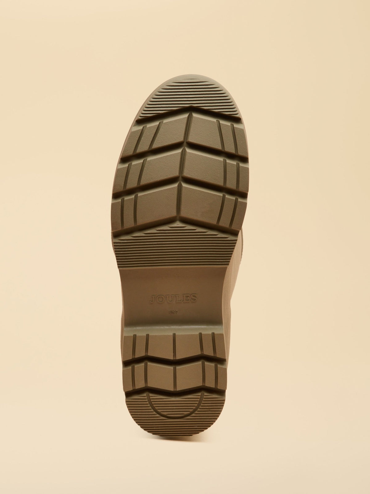 Sole of Joules Luxe womens khaki green wellington boot showing high-traction tread