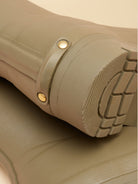 Close-up side of Joules Luxe womens khaki green neoprene lined wellington boot with Joules branded tab