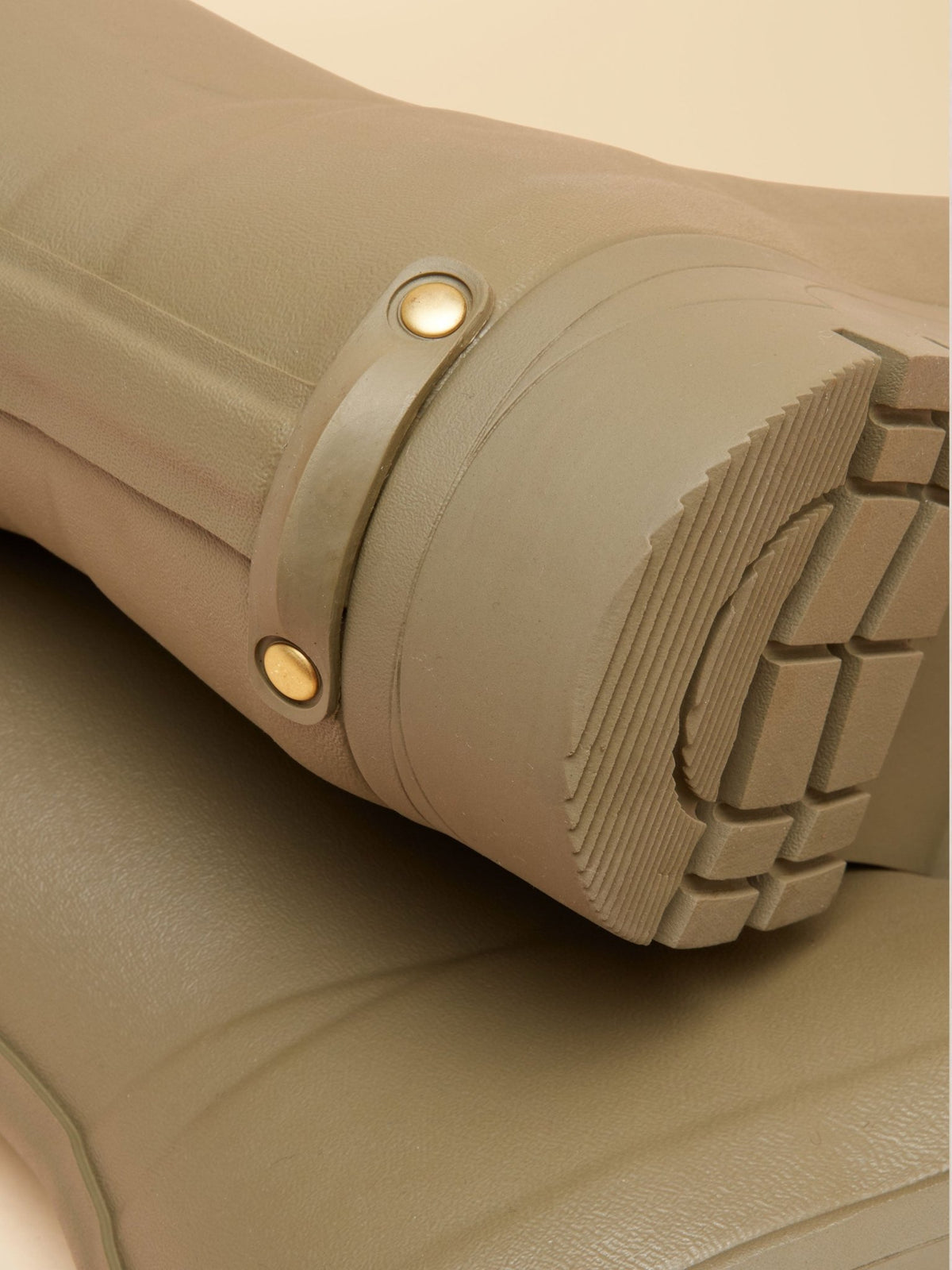 Close-up side of Joules Luxe womens khaki green neoprene lined wellington boot with Joules branded tab