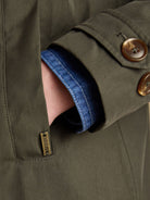 Joules Rainmore ladies green raincoat, close-up of welt pocket, logo tab and button cuff
