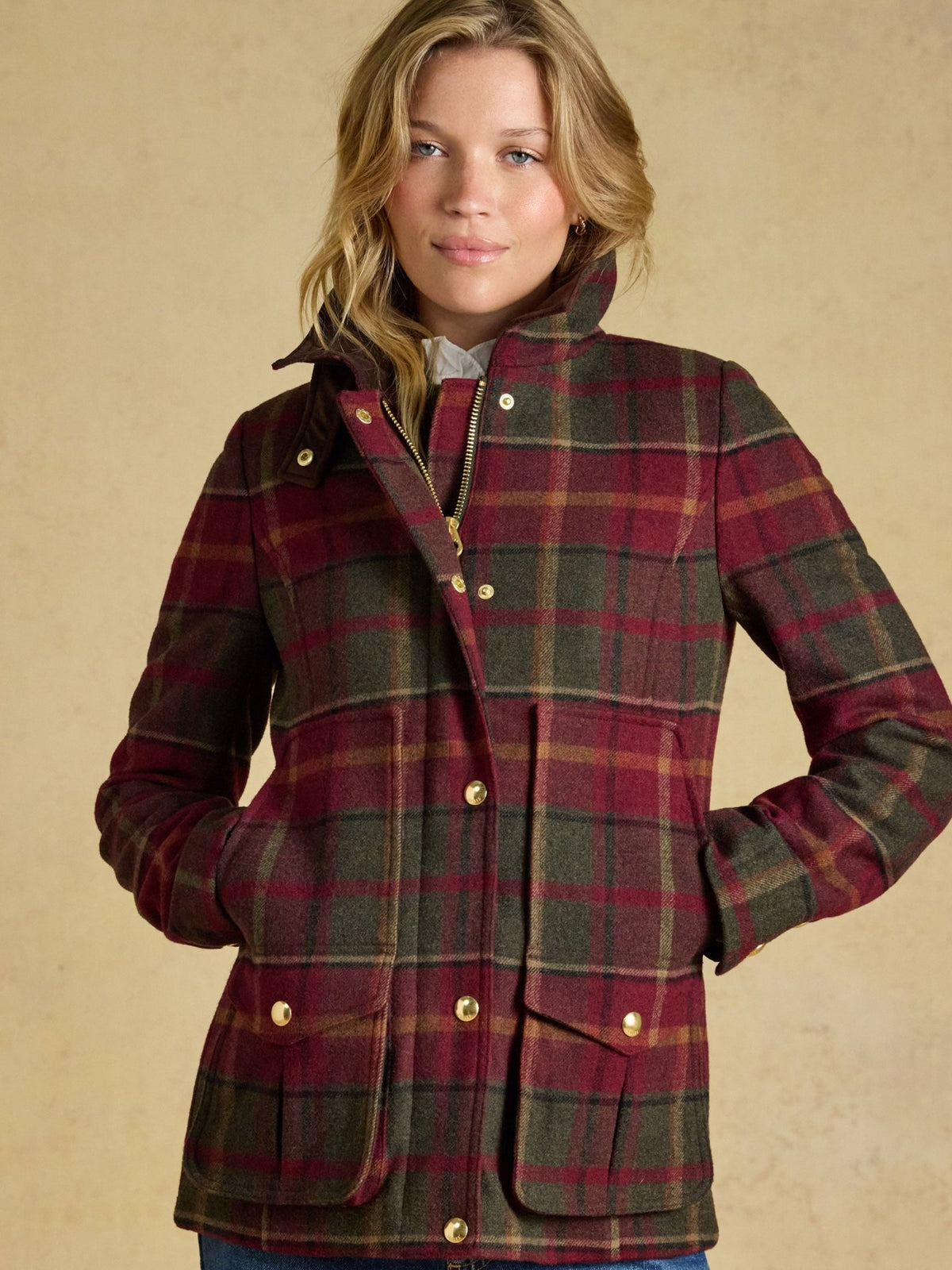 Joules women's classic fieldcoat in burgundy and green check wool tweed, front view