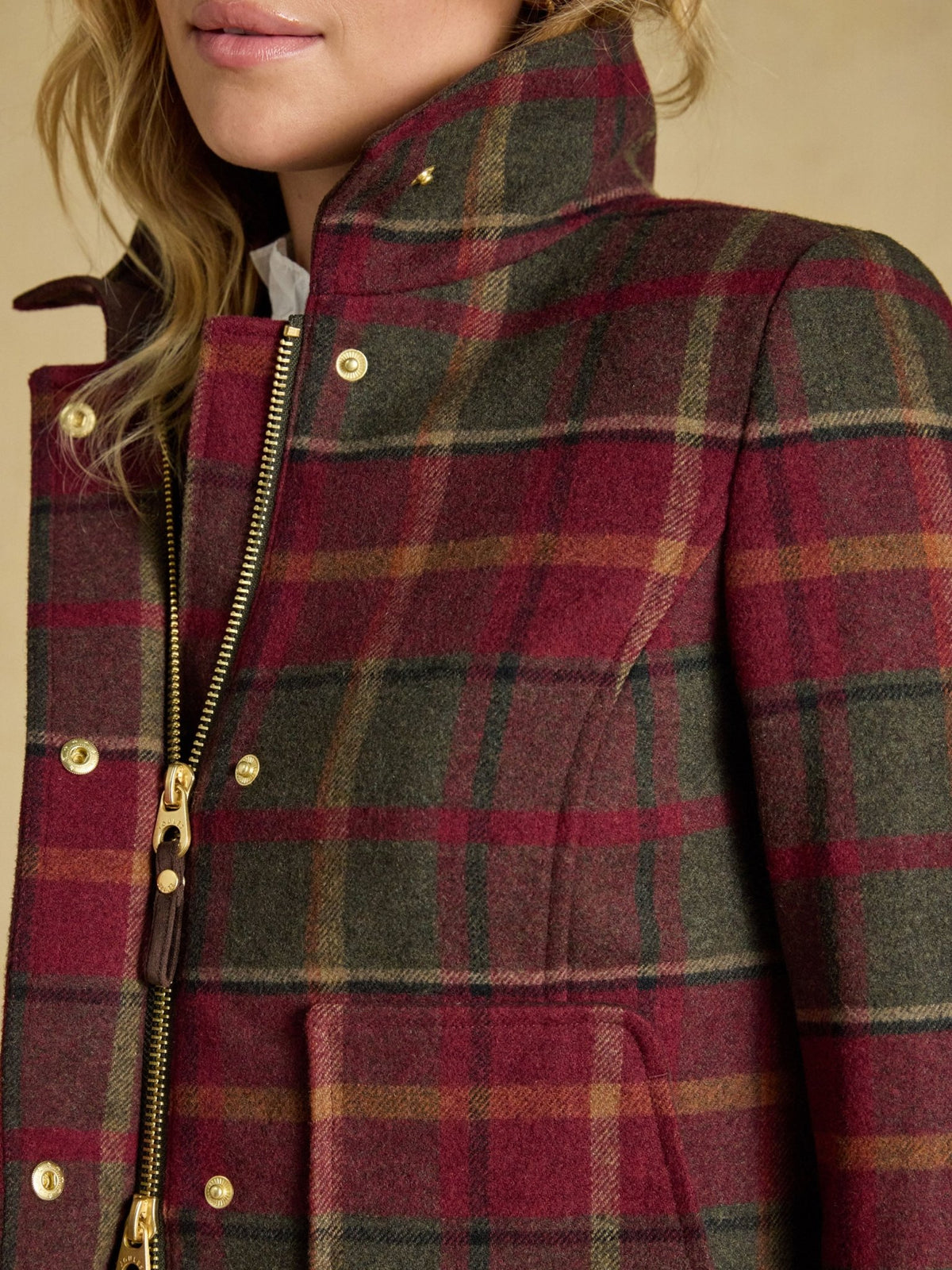 Joules women's tweed fieldcoat stand collar, zip and popper placket, close-up view
