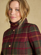 Joules women's check tweed fieldcoat suede stand collar and brass buttons, neck close-up