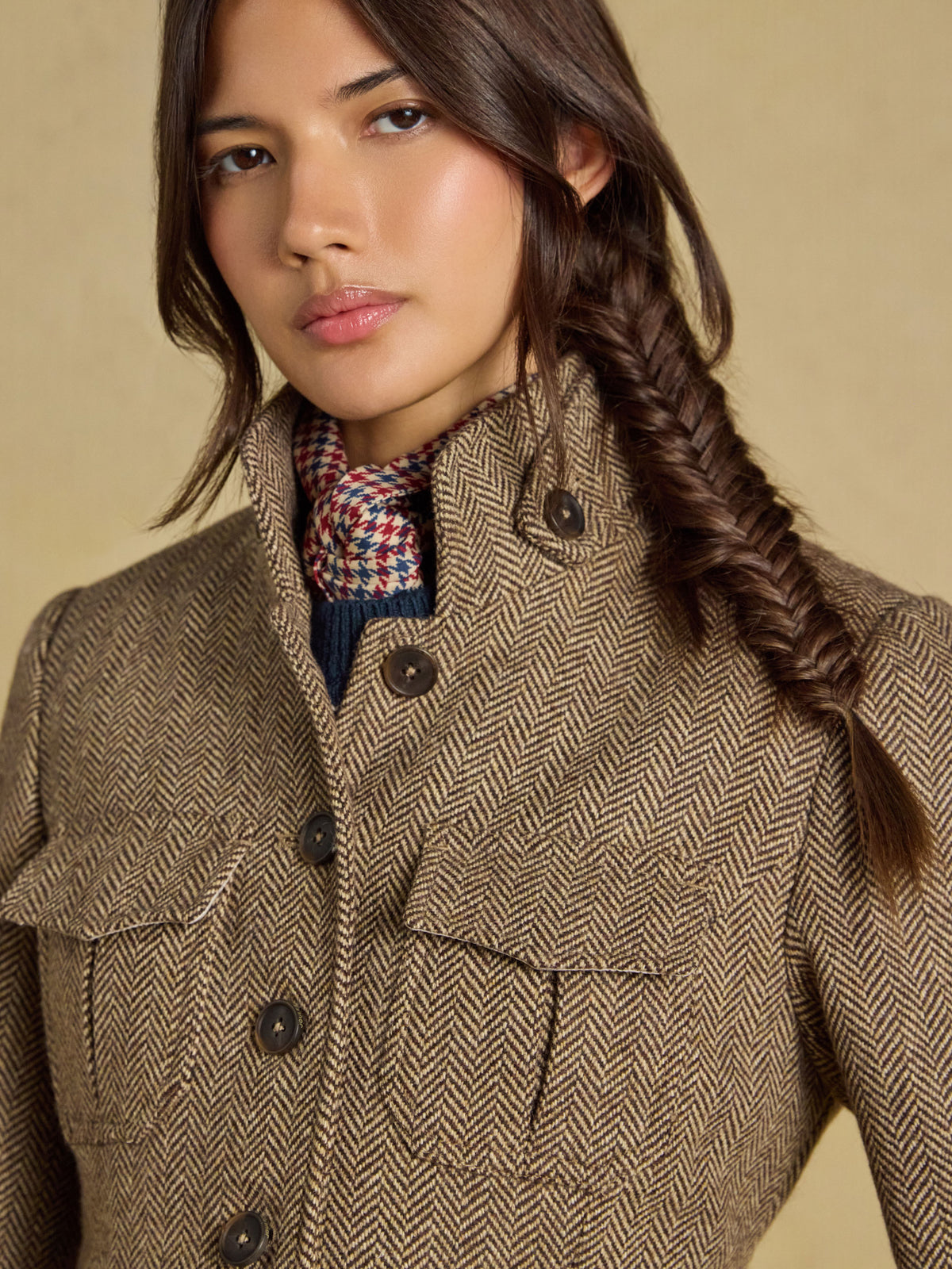 Joules Saddlebury women's brown herringbone tweed hacking jacket, front close-up with stand collar and flapped pockets