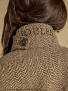 Joules Saddlebury women's brown herringbone hacking jacket, back collar with Joules branding