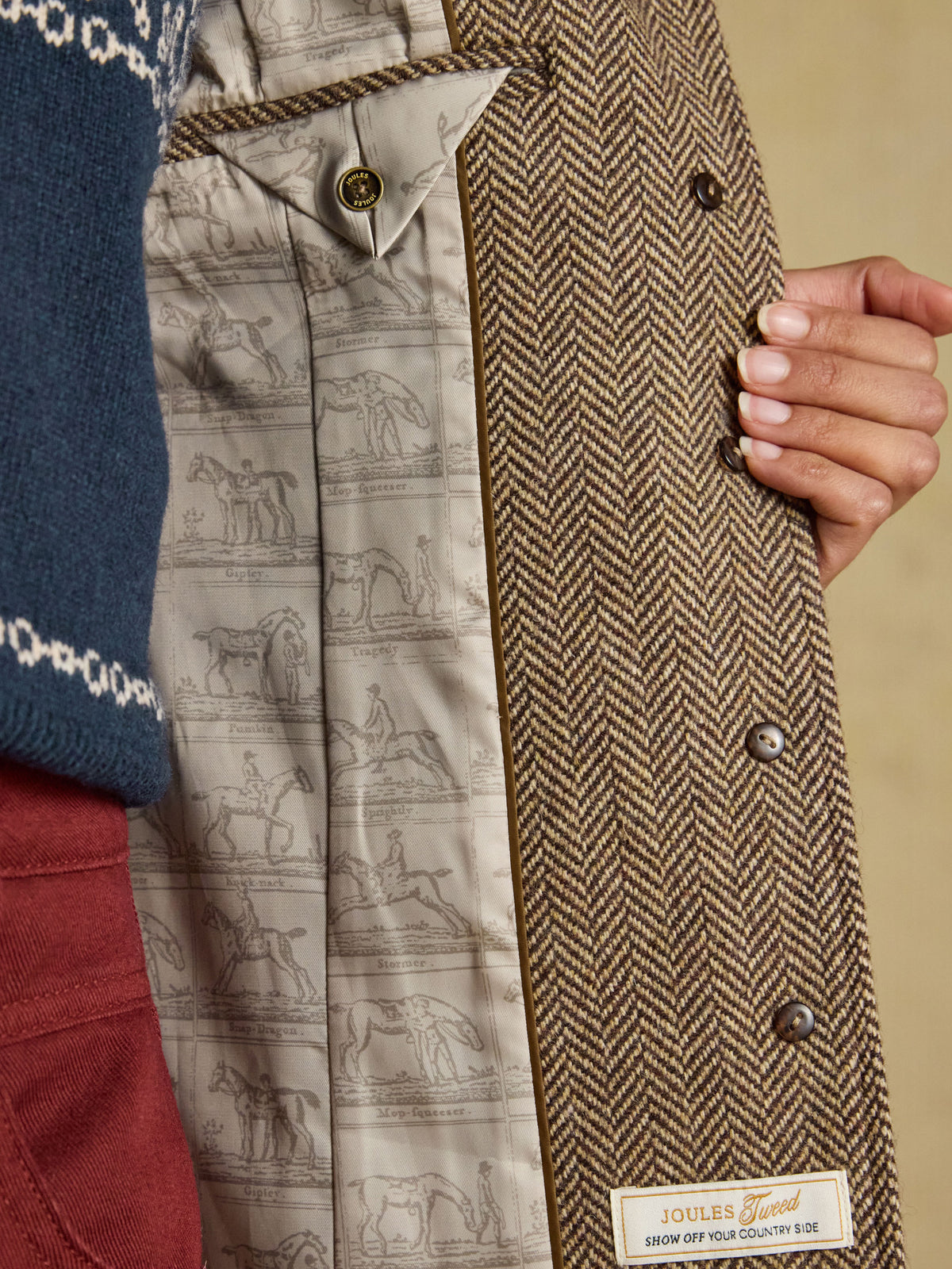Joules Saddlebury women's brown herringbone tweed jacket, open front showing patterned lining
