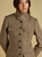 Joules Saddlebury women's brown herringbone hacking jacket, button-through front detail