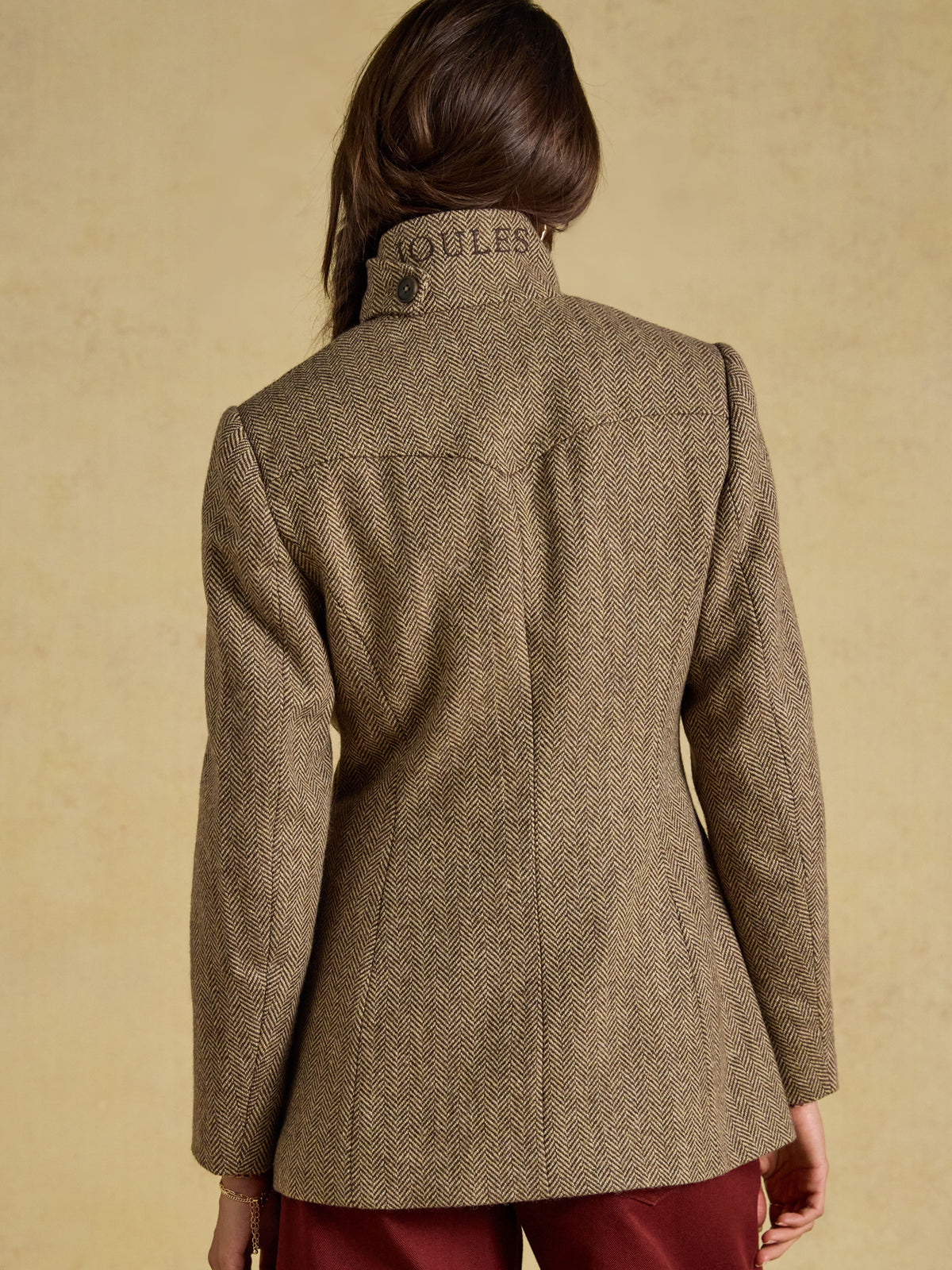Joules Saddlebury women's brown herringbone tweed hacking jacket, back view