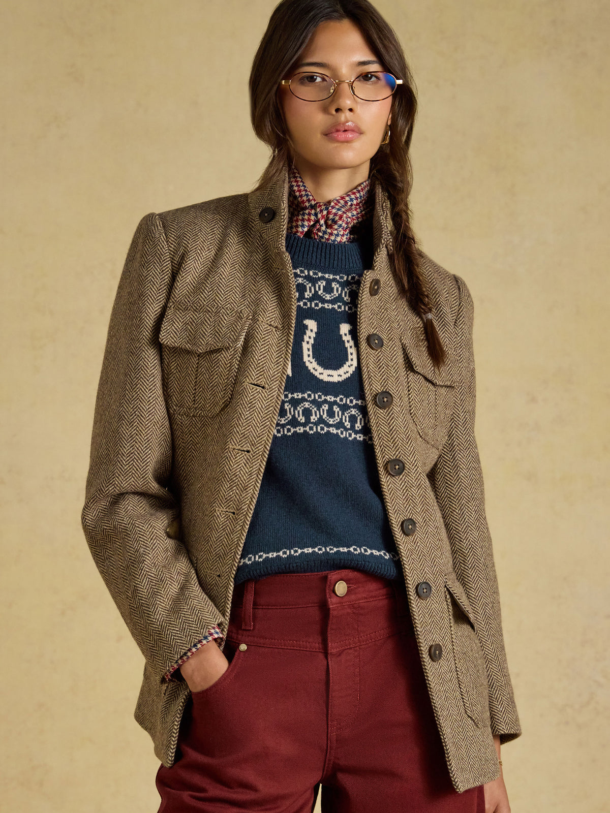 Joules Saddlebury women's brown herringbone tweed hacking jacket, full-length front view styled with a navy jumper