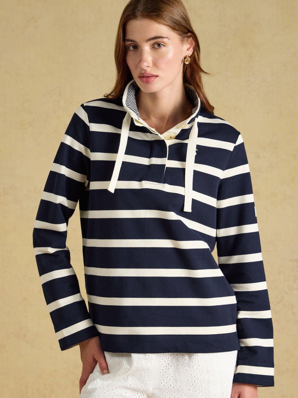 Joules Saunton ladies funnel neck sweatshirt in navy and cream stripe, view 1