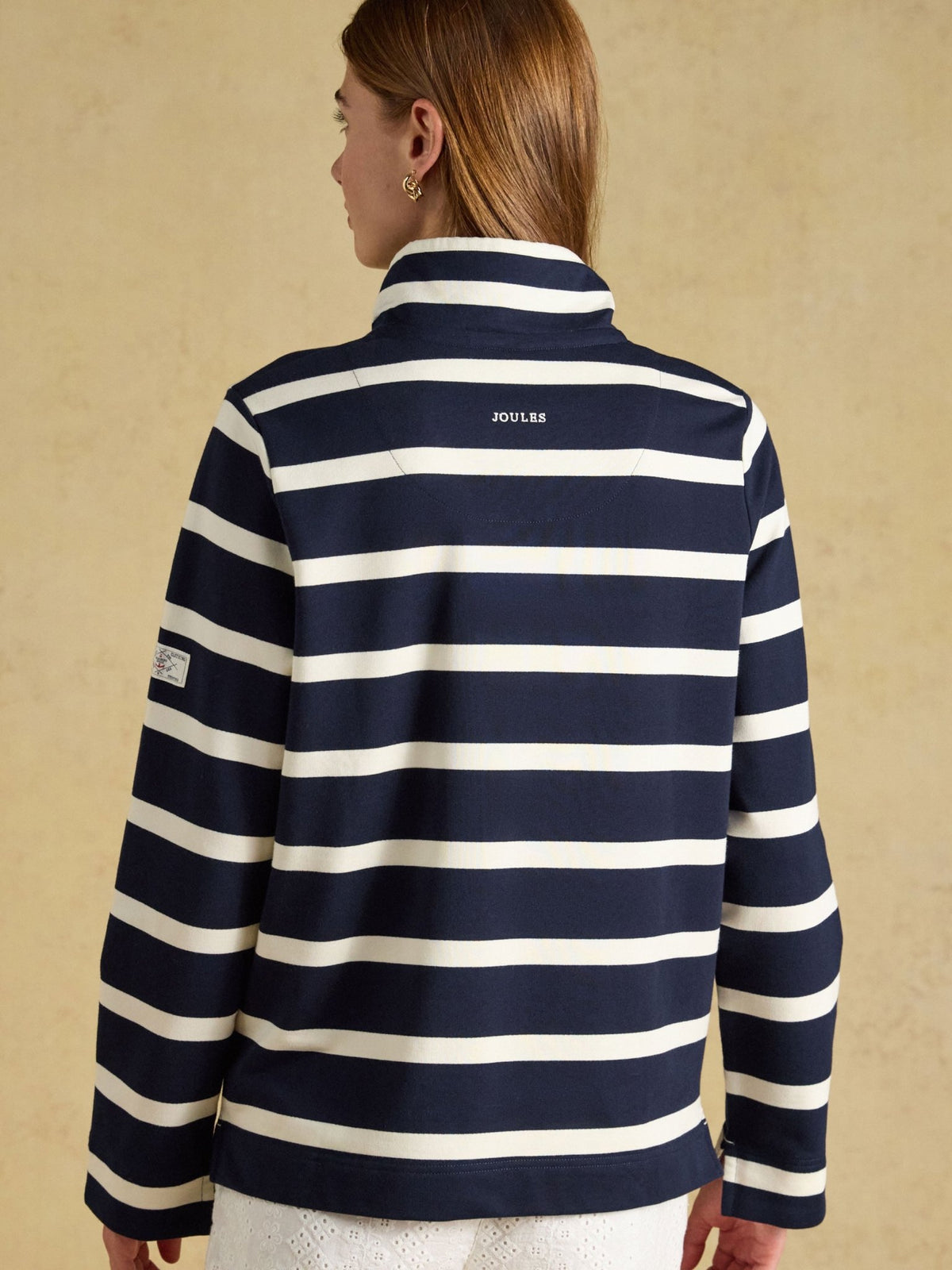 Joules Saunton ladies funnel neck sweatshirt in navy and cream stripe, view 3