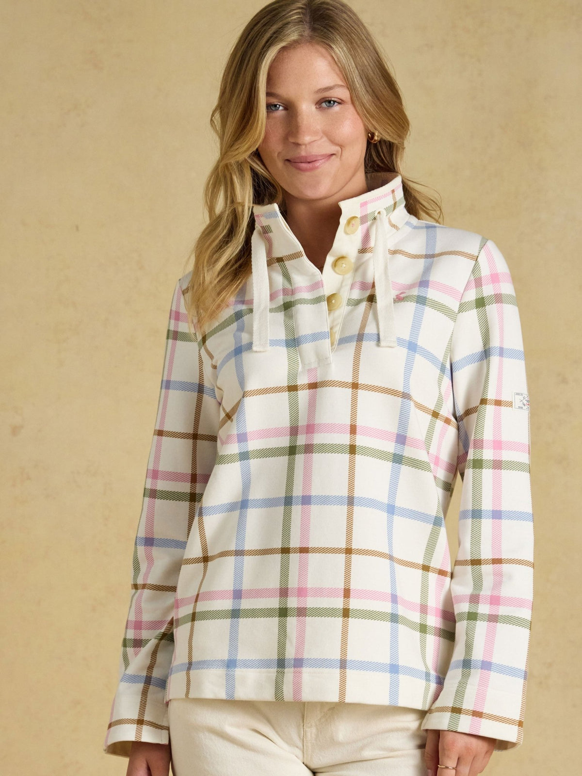 Joules Saunton ladies funnel neck sweatshirt in cream madden check, view 2