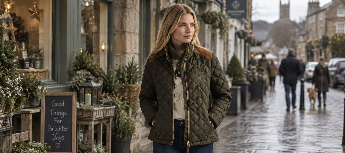 A woman in joules braemar jacket stands on a wet cobblestone street wearing a quilted olive green jacket with brown shoulder panels and a high collar. Shops line the street, and a chalkboard sign.