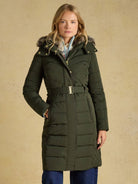 Joules Aspen long ladies showerproof padded coat in green with faux fur hood, view 2