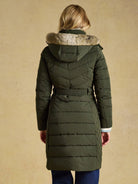 Joules Aspen long ladies showerproof padded coat in green with faux fur hood, view 3