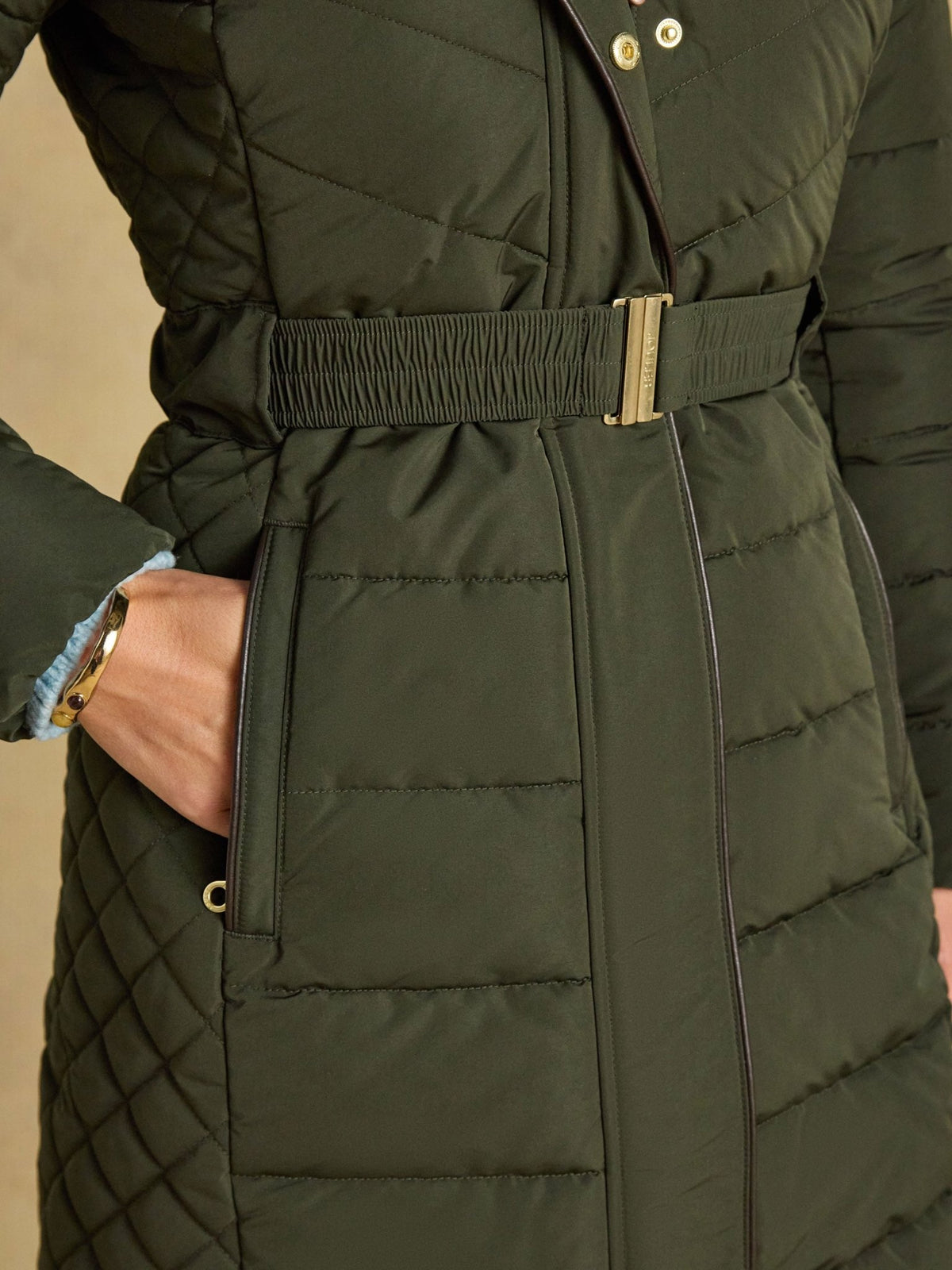 Joules Aspen long ladies showerproof padded coat in green with faux fur hood, view 6