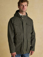 Joules men's green waterproof hooded raincoat with four front pockets, front view