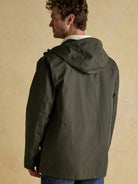 Joules men's green waterproof raincoat with fixed hood, back view