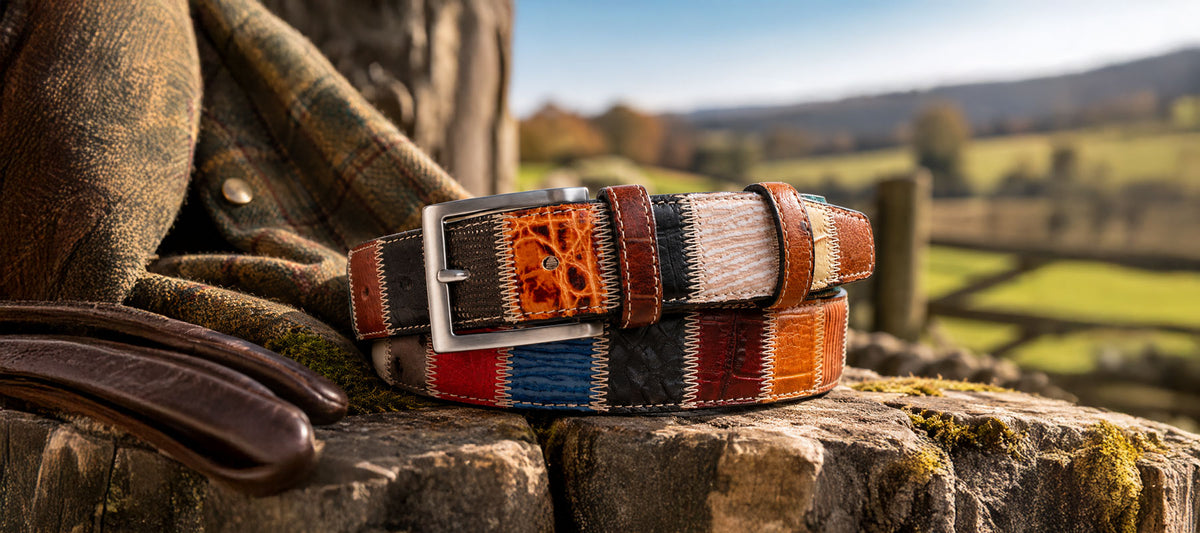 A woven leather belt with a multicolor plaid pattern and a silver buckle, resting on a stone wall outdoors with a plaid jacket and blurred landscape in the background.