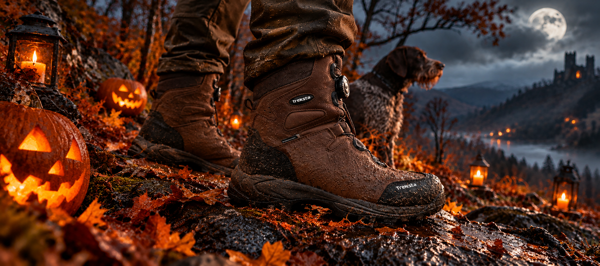 A person wearing brown waterproof hiking boots stands outdoors on a rocky hillside at night, with a dog beside them. The scene is lit by jack-o'-lanterns and lanterns, with autumn leaves, water, and a castle in the distance under a full moon.