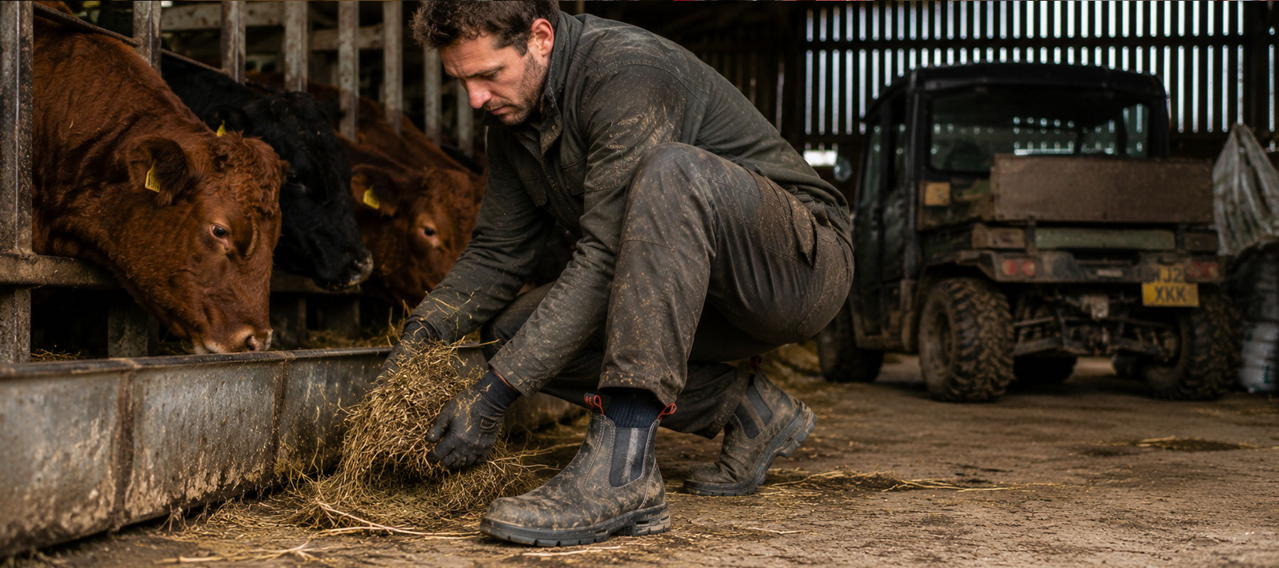 A man in muddy dark work clothes crouches beside a feeding trough in a barn, reaching for hay while cows stand in the stall on the left and a utility vehicle is parked in the background.