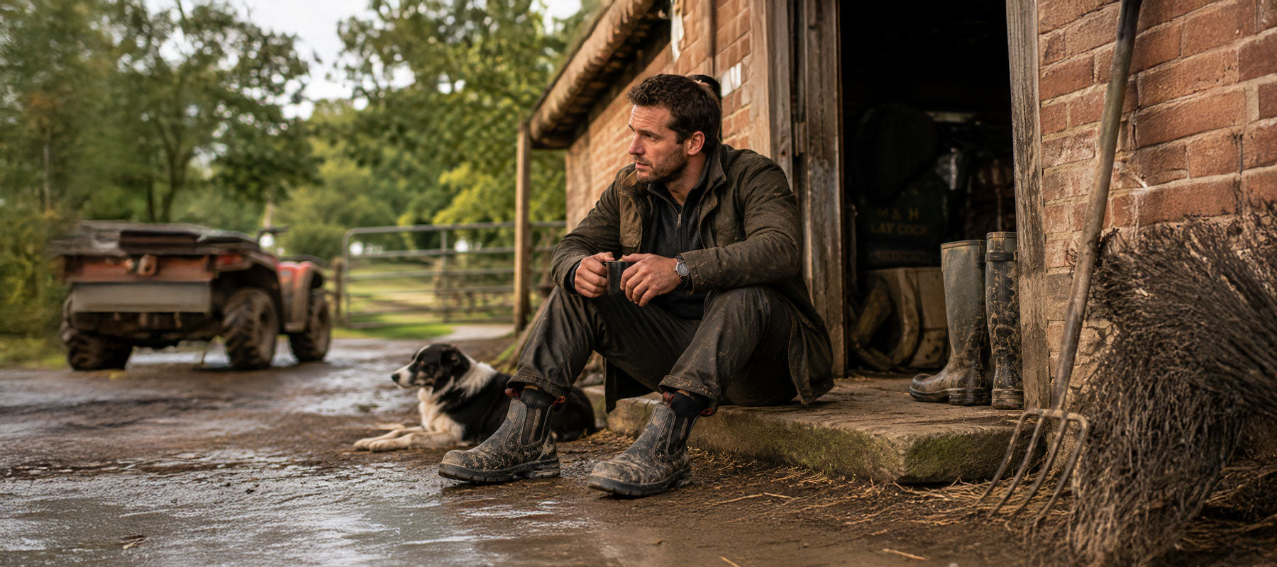 A man sits on the wet stone porch of a brick barn, wearing dark work boots and a dark olive green shirt, with a black and white dog at his side. An ATV is parked in the background on a muddy farm road.
