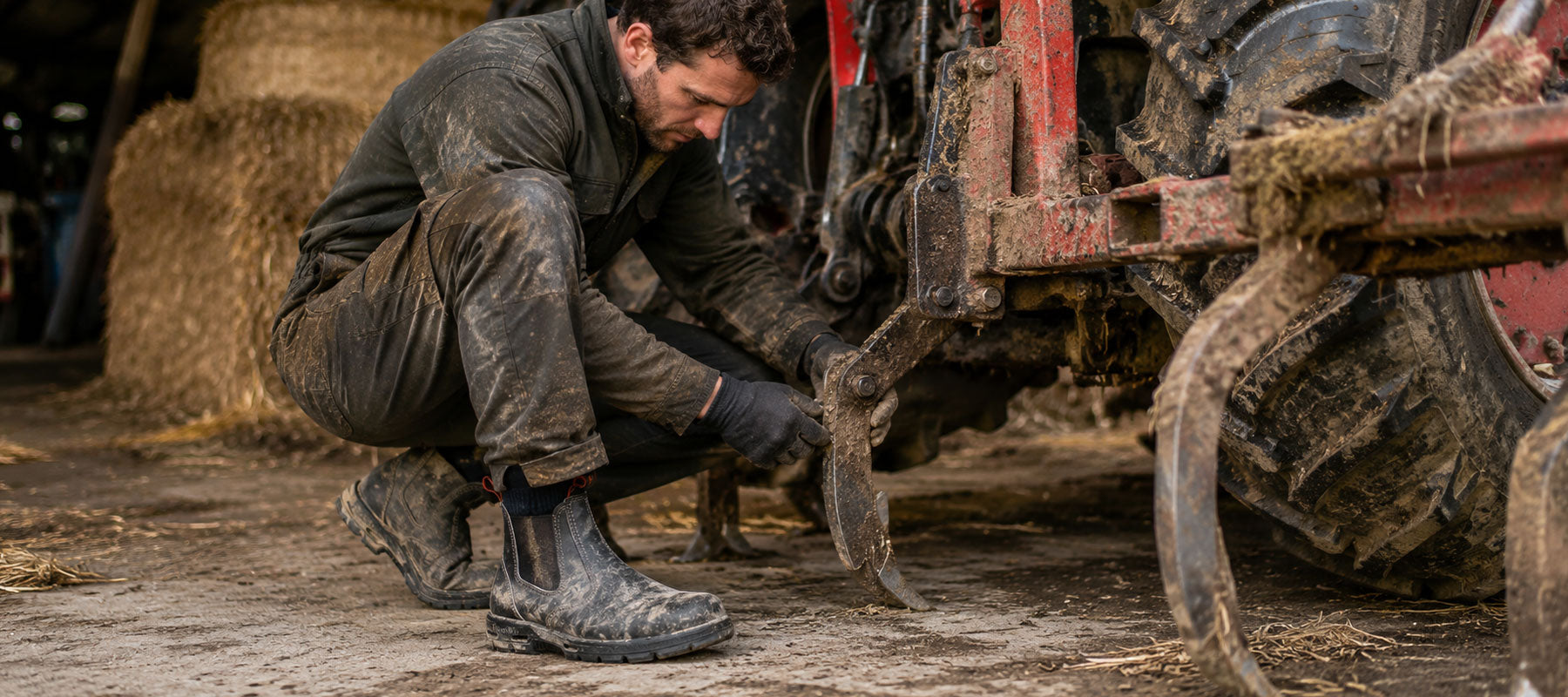 A man in muddy work clothes crouches beside a large tractor wheel in a barn, working on the undercarriage. Hay bales and a dirt floor are visible in the background.