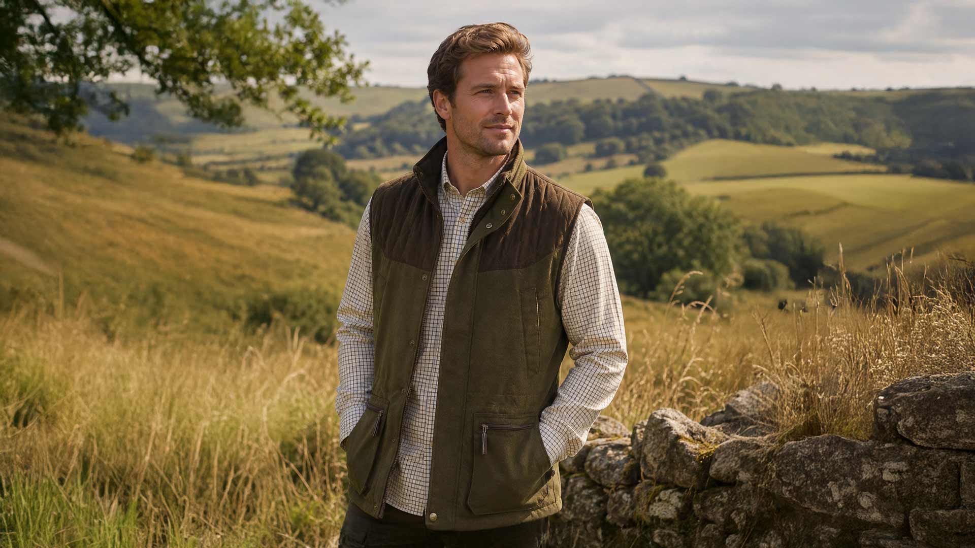 A man standing outdoors in a rural landscape wearing a brown quilted vest over a light-colored shirt, with rolling green hills and a stone wall in the background.