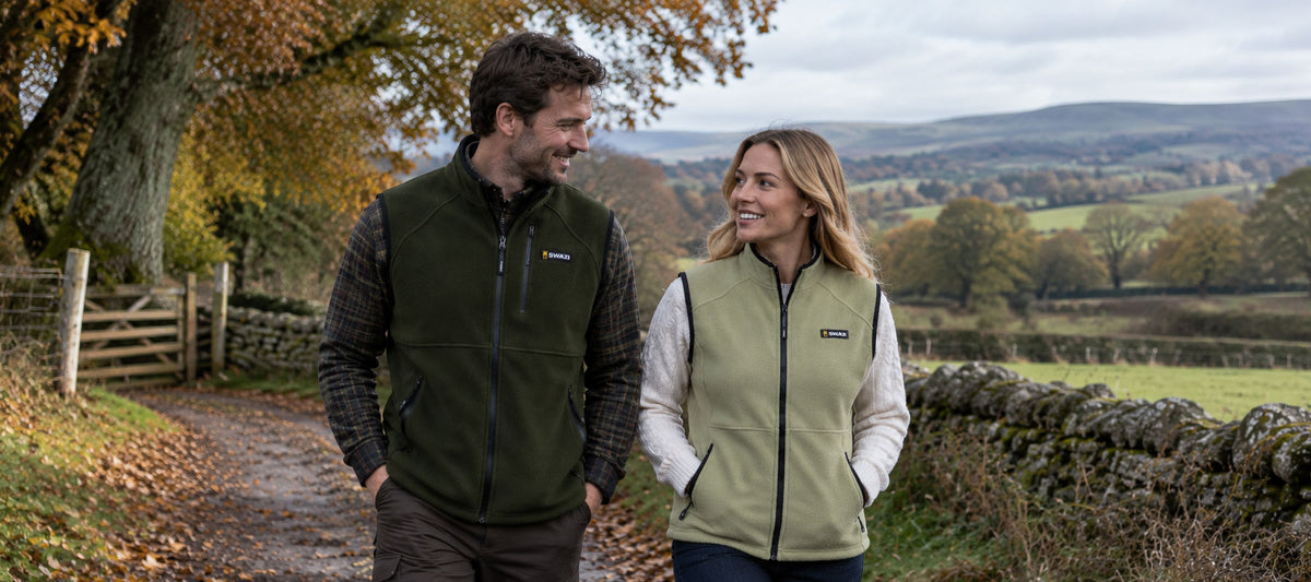 A man and a woman standing outdoors on a country path, both wearing Patagonia fleece vests. The man's vest is dark olive green, and the woman's vest is light sage green, with a scenic rural landscape with hills, trees, and a stone wall in the background.