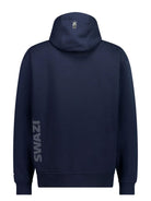 A navy blue hoodie shown from the back, featuring a small white logo on the back of the hood and large vertical white 'SWAZI' text printed down the left sleeve, set against a plain white background.