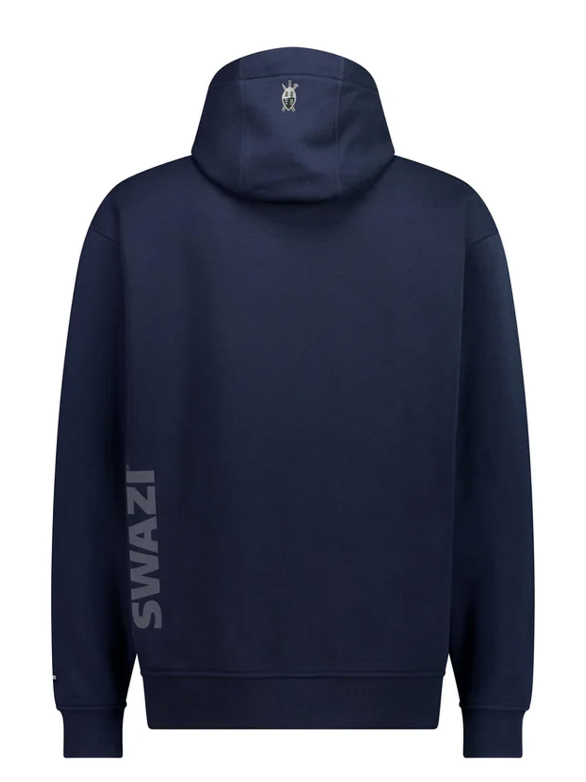 A navy blue hoodie shown from the back, featuring a small white logo on the back of the hood and large vertical white 'SWAZI' text printed down the left sleeve, set against a plain white background.