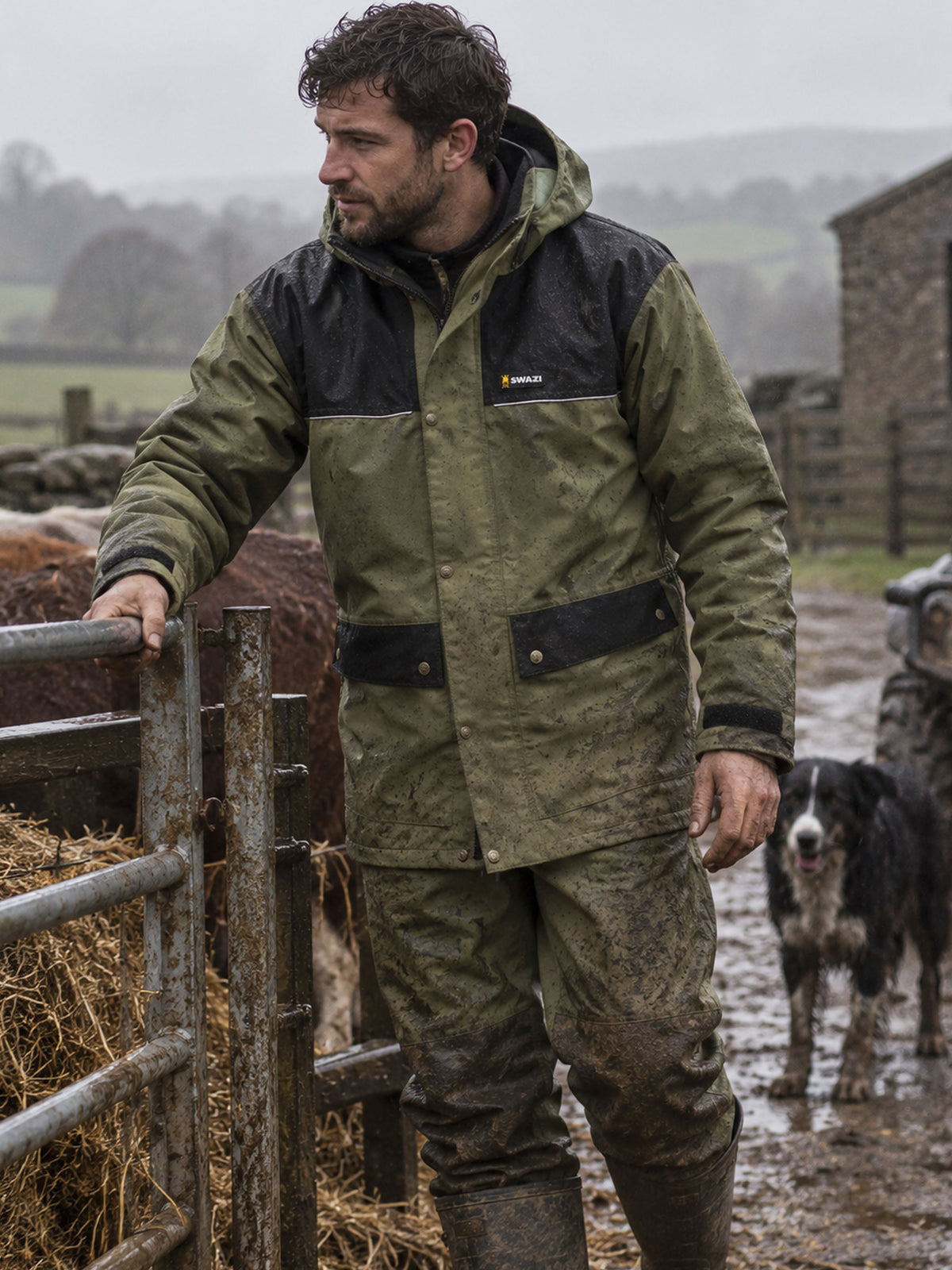 A man wearing a muddy olive green and black waterproof hunting jacket and matching trousers stands in a barnyard next to a metal gate, with cows and a dog in the background.